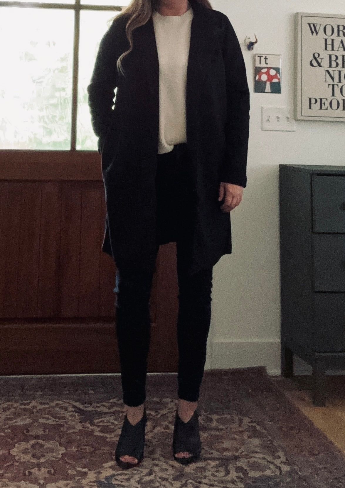 Black Long Open Front Felt Coat