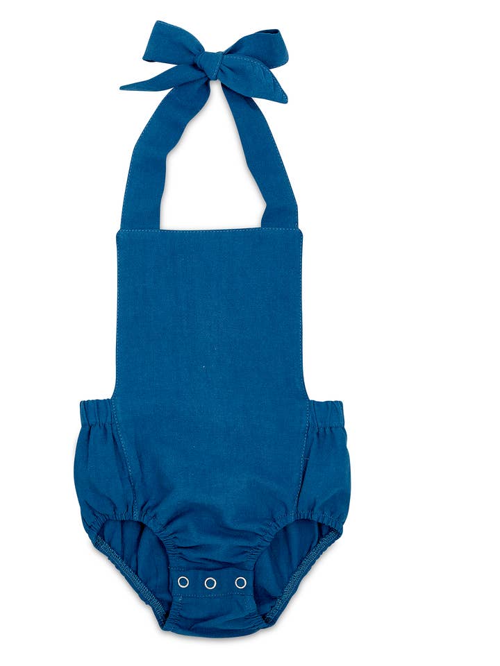 Cobalt Linen Cotton Blend Baby Romper