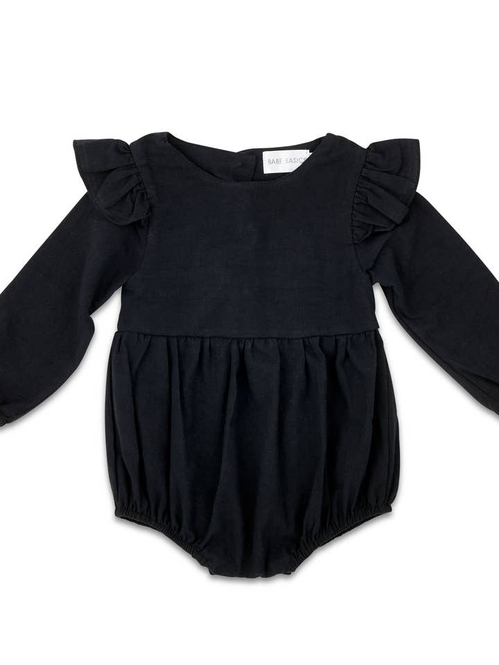 Black Flutter Sleeve Linen Baby Romper