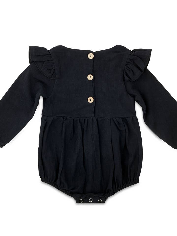 Black Flutter Sleeve Linen Baby Romper