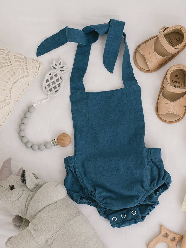 Cobalt Linen Cotton Blend Baby Romper