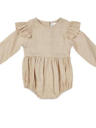 Oatmeal Flutter Long Sleeve Linen Baby Romper