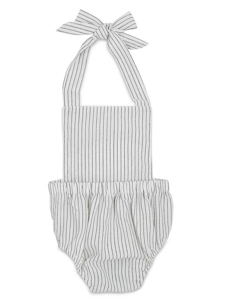 Black and White Striped Linen Cotton Blend Baby Romper