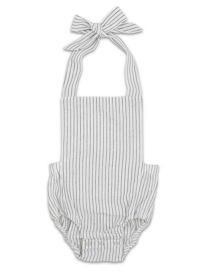 Black and White Striped Linen Cotton Blend Baby Romper